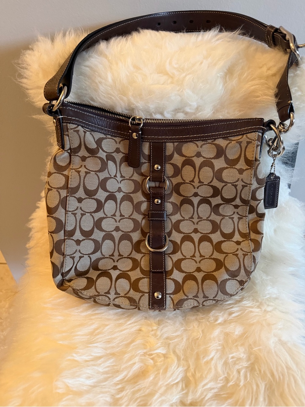 Coach Tan and Brown Signature Canvas Shoulder Bag